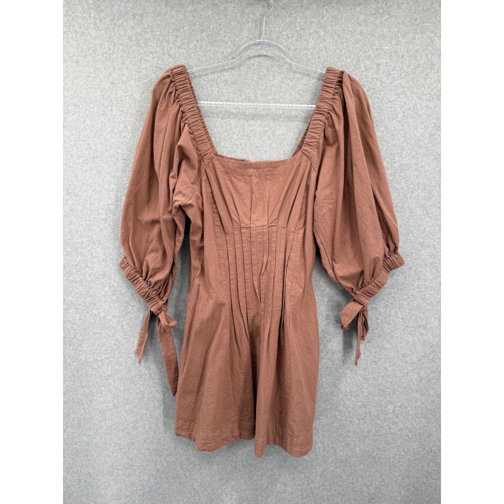 Free People Cerise Mini Dress Women M Brown Boho Puff Sleeve Square Neck Cotton - Picture 2 of 11